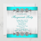 Mooie turquoise blauwe gemaskerde party kaart (Achterkant)