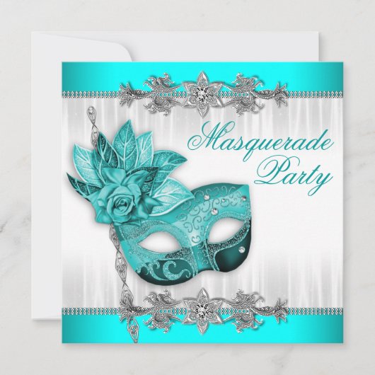 Mooie turquoise blauwe gemaskerde party kaart (Voorkant)