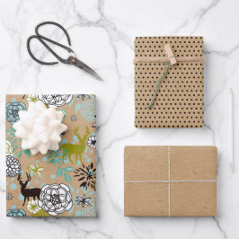 Mooie turquoise-blauwgroene bloem- en herten kunst inpakpapier vel