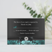 Mooie Turquoise Bloem & Lint RSVP Kaartje (Staand voorkant)