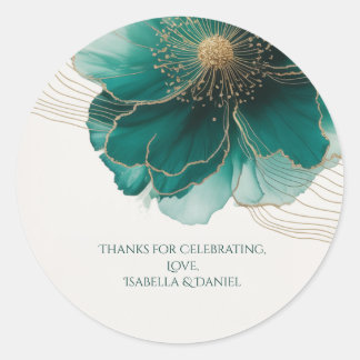 Mooie Turquoise Bloemige Gouden Bruiloft Ronde Sticker
