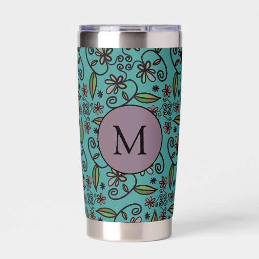 Mooie turquoise bloempatroon monogram geïsoleerde drinkbeker (Voorkant)