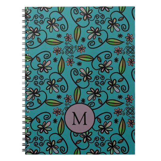 Mooie turquoise bloempatroon monogram notitieboek (Voorkant)