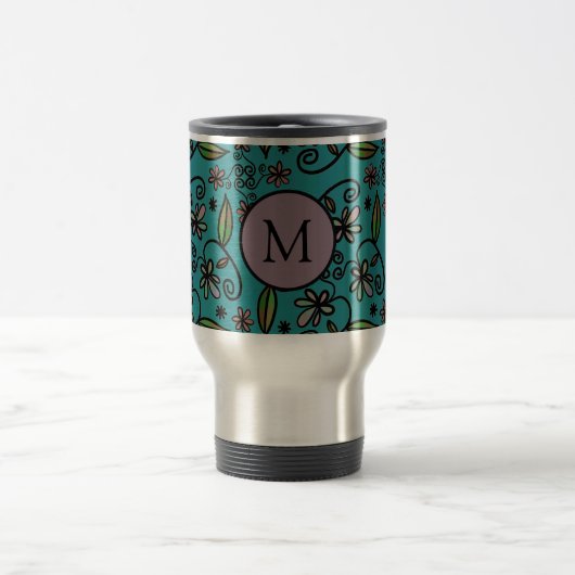 Mooie turquoise bloempatroon monogram reisbeker (Center)