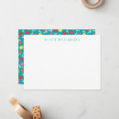 Mooie turquoise bloempatroon notitiekaartje (Voorkant / Achterkant in situ)