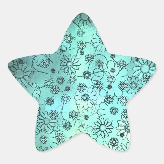 Mooie turquoise bloempatroon ster sticker (Voorkant)
