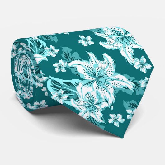Mooie turquoise bloempatroon stropdas (Opgerold)