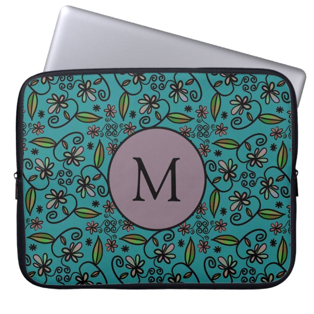 Mooie turquoise bloempatroonmonogram laptop sleeve (Voorkant)