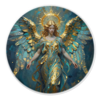 Mooie turquoise en gouden engel kunst keramische knop