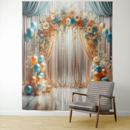 Mooie turquoise en oranje bloemenen ballonboog han wandkleed