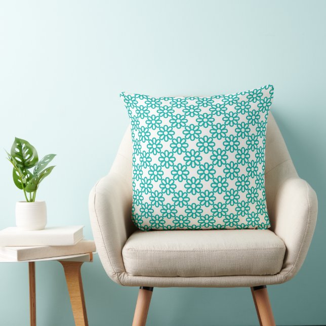 Mooie turquoise en witte bloemmotief kussen (Stoel)