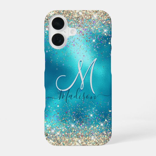 Mooie turquoise gouden nepschitterende monogram ho iPhone 16 hoesje (Achterkant)