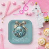 Mooie Turquoise Kerstbal Rozen Sneeuwval Papieren Bordje (Feest)