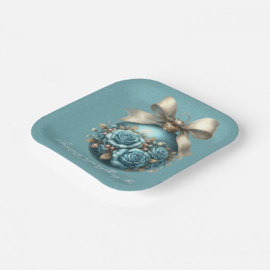 Mooie Turquoise Kerstbal Rozen Sneeuwval Papieren Bordje (Gebogen)