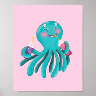 Mooie turquoise octopus drinkt sap grafische afbee poster