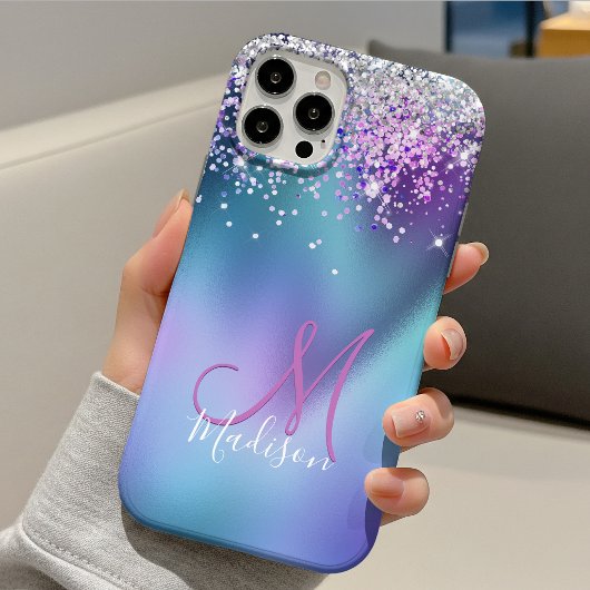 Mooie turquoise paarse nepgloeiende monogram Case-Mate iPhone case
