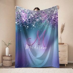 Mooie turquoise paarse nepschitterende monogram fleece deken