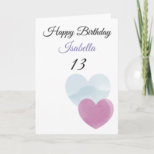 Mooie turquoise & paarse waterverf harten 13e verj kaart (Voorkant)