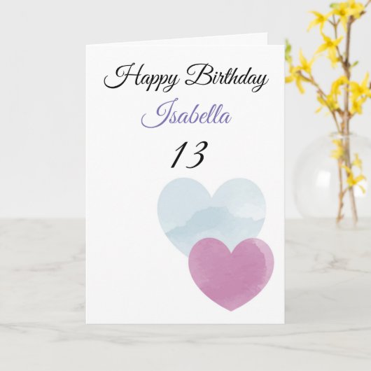 Mooie turquoise & paarse waterverf harten 13e verj kaart (Gele Bloem)