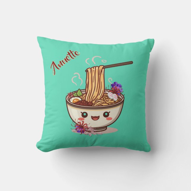 Mooie turquoise Ramen Kom Bloemen Kussen (Voorkant)