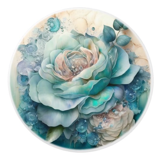 Mooie turquoise Rozen Keramische Knop (Voorkant)