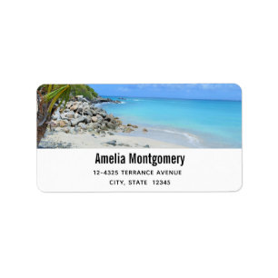 Mooie turquoise tropische strand adres etiket