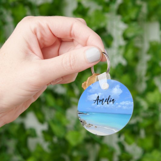 Mooie turquoise tropische strand sleutelhanger (Hand)