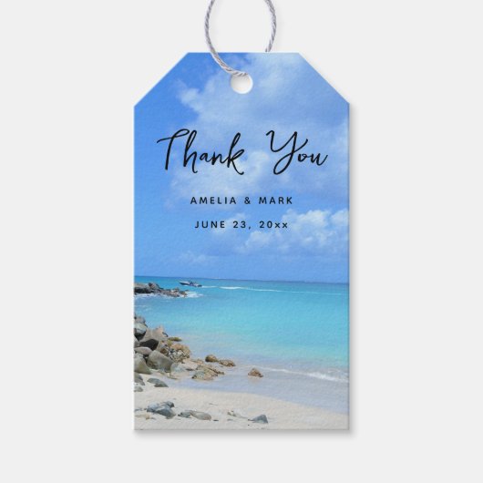 Mooie turquoise tropische strandbruiloft cadeaulabel (Voorkant)