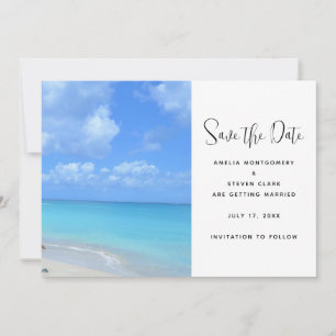 Mooie turquoise tropische strandbruiloft save the date