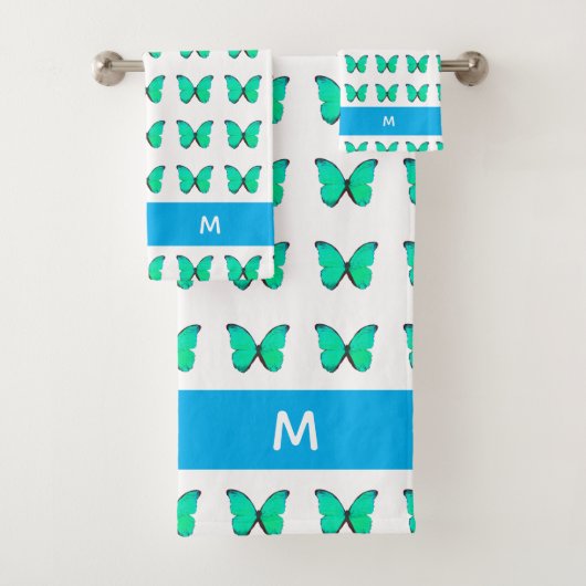 Mooie turquoise vlinder motief op wit bad handdoek (Insitu)