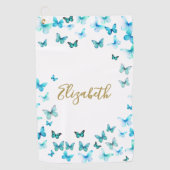 Mooie Turquoise Vlinders Aangepaste naam golfhandd Golfhanddoek (Voorkant)