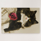 Mooie Tuxedo Cat met Red Rose op Sepia Legpuzzel (Horizontaal)