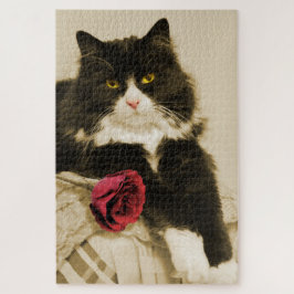 Mooie Tuxedo Cat met Red Rose op Sepia Legpuzzel