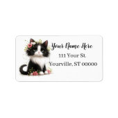 Mooie Tuxedo Kitten met Bloemen Etiket (Voorkant)