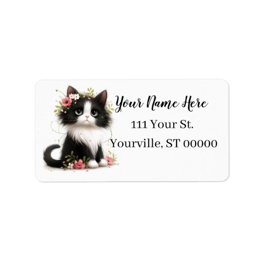 Mooie Tuxedo Kitten met Bloemen Etiket (Voorkant)
