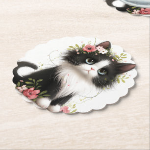 Mooie Tuxedo Kitten met Bloemen Kartonnen Onderzetters