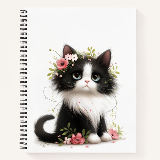 Mooie Tuxedo Kitten met Bloemen Notitieboek (Voorkant)