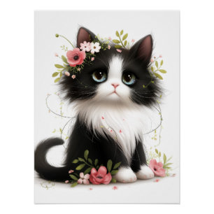 Mooie Tuxedo Kitten met Bloemen Perfect Poster