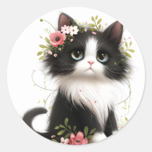 Mooie Tuxedo Kitten met Bloemen Ronde Sticker