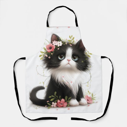 Mooie Tuxedo Kitten met Bloemen Schort (Voorkant)
