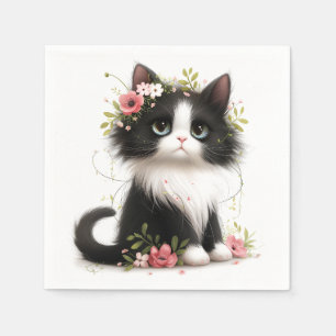 Mooie Tuxedo Kitten met Bloemen Servet