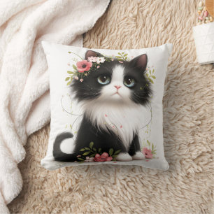 Mooie Tuxedo Kitten met Bloemen Sierkussen