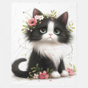 Mooie Tuxedo Kitten met Bloemen Sierkussen Fleece Deken