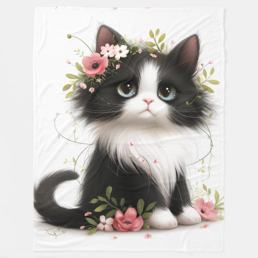 Mooie Tuxedo Kitten met Bloemen Sierkussen Fleece Deken (Voorkant)