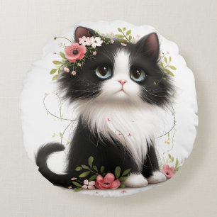 Mooie Tuxedo Kitten met Bloemen Sierkussen Rond Kussen