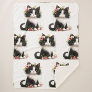 Mooie Tuxedo Kitten met Bloemen Sierkussen Sherpa Deken