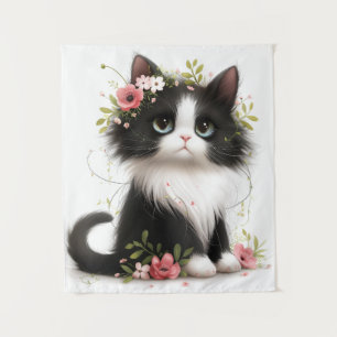 Mooie Tuxedo Kitten met Bloemen Sierkussen Wandkleed