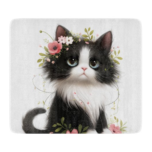 Mooie Tuxedo Kitten met Bloemen Snijplank (Voorkant)