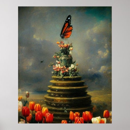 Mooie twee vlinders vliegen over tulpen modern poster (Voorkant)