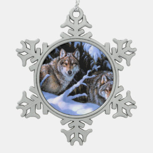 Mooie twee wolven schilderijen tin sneeuwvlok ornament